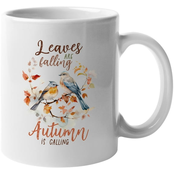 Leaves Are Falling, Autumn Is Calling with Watercolor Fall Birds Art Merch Gift, White 11oz Ceramic Mug