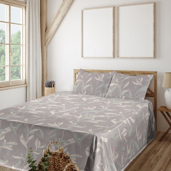 Ambesonne Leaves Art Fitted & Flat Sheet with Shams 4 Pcs Set, Autumn Leafy Twigs Print, Full, Pale Mauve and Pale Seafoam