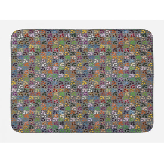 Leaves Bath Mat, Graphic Foliage Motifs in Lively Colors on a Grey Background Abstract Nature Design, Plush Bathroom Decor Mat with Non Slip Backing, 29.5" X 17.5", Multicolor, by Ambesonne