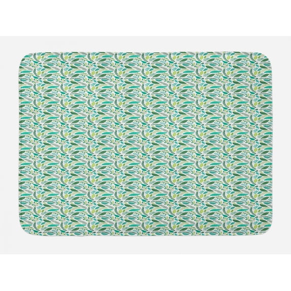 Leaves Bath Mat, Various Type Green Tone Leaves Scattered Randomly on White Background Tangled Design, Plush Bathroom Decor Mat with Non Slip Backing, 29.5" X 17.5", Multicolor, by Ambesonne