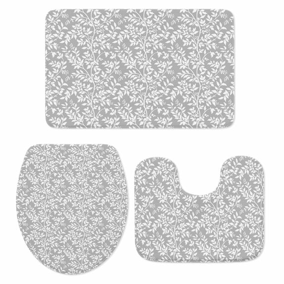 Leaves Bathroom Rugs Set White Floral Leaf Branch Plant Grey Background Non Slip Absorbent Soft Bath Mats 3 Piece Set with Bathroom Rug, U-Shaped Floor Mat, Toilet Seat Cover Small Size