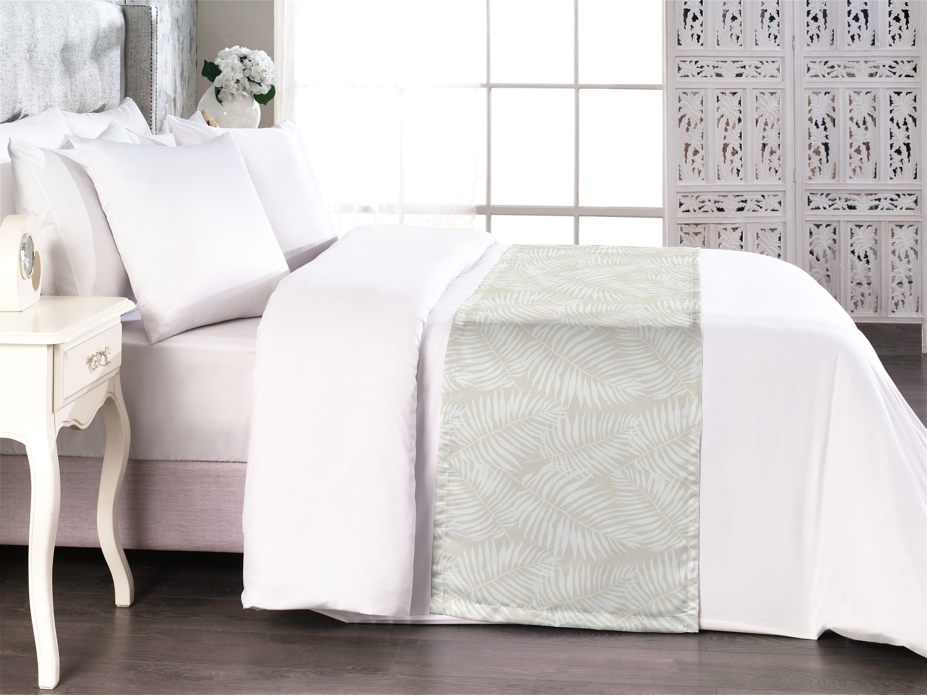 Eggshell White Satin Queen Bed Runner with Botanical Print