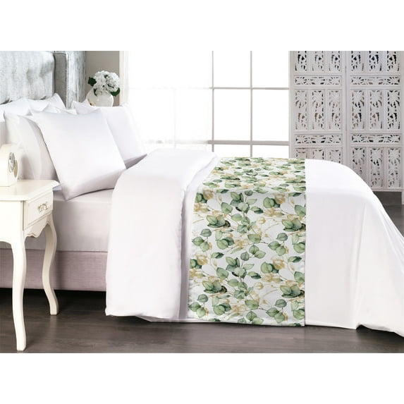 Leaves Bed Runner, Tropical Eucalyptus Branches Botanical Illustration Repetitive Pattern, Decorative Accent Bedding Scarf for Hotels Homes & Guest Rooms, King, Camel Reseda Green White, by Ambesonne