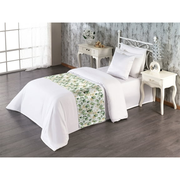 Leaves Bed Runner, Tropical Eucalyptus Branches Botanical Illustration Repetitive Pattern, Decorative Accent Bedding Scarf for Hotels Homes & Guest Rooms, Twin, Camel Reseda Green White, by Ambesonne