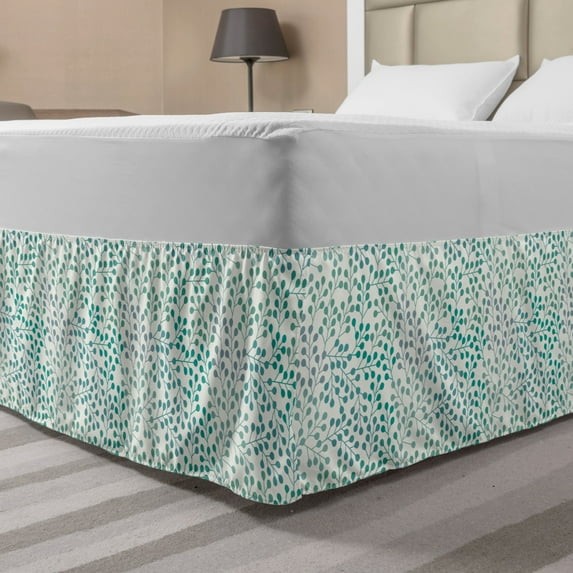 Leaves Bed Skirt, Flowering Branches Gentle Spring Season Little Buds Romantic Cottage Ornament, Elastic Bedskirt Dust Ruffle Wrap Around for Bedding Decor, 4 Sizes, Teal Grey Cream, by Ambesonne