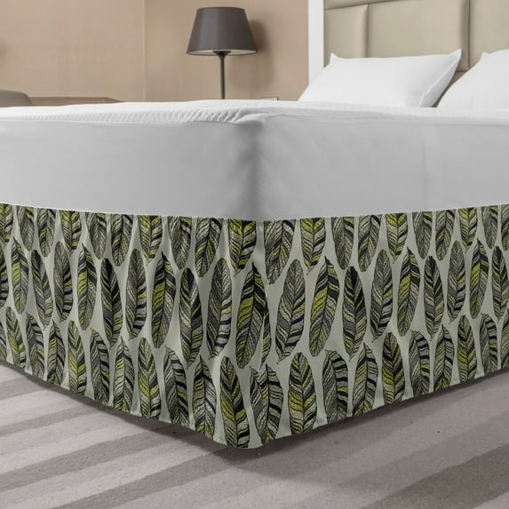 Leaves Bed Skirt, High Detail Large Leafy Silhouettes, Elastic Bedskirt Dust Ruffle Wrap Around for Bedding Decor, 4 Sizes, Dimgray Dark Tan, by Ambesonne