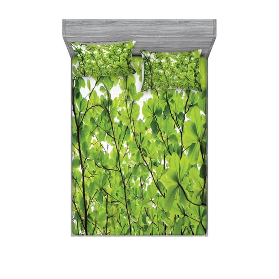 Leaves Bedding Set with Sheet & Covers, Close-up Tree Leaves from an Uprising Angle High Plants Summer Fresh Environment Habitat, Printed Bedroom Decor 2 Shams, 4 Sizes, Green, by Ambesonne