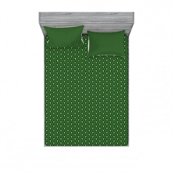 Leaves Bedding Set with Sheet & Covers, Foliage Pattern with Dots Illustration Simplistic Doodle Style Design, Printed Bedroom Decor 2 Shams, 4 Sizes, Green and Cream, by Ambesonne