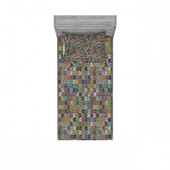 Leaves Bedding Set with Sheet & Covers, Graphic Foliage Motifs in Lively Colors on a Grey Background Abstract Nature Design, Printed Bedroom Decor 2 Shams, 4 Sizes, Multicolor, by Ambesonne