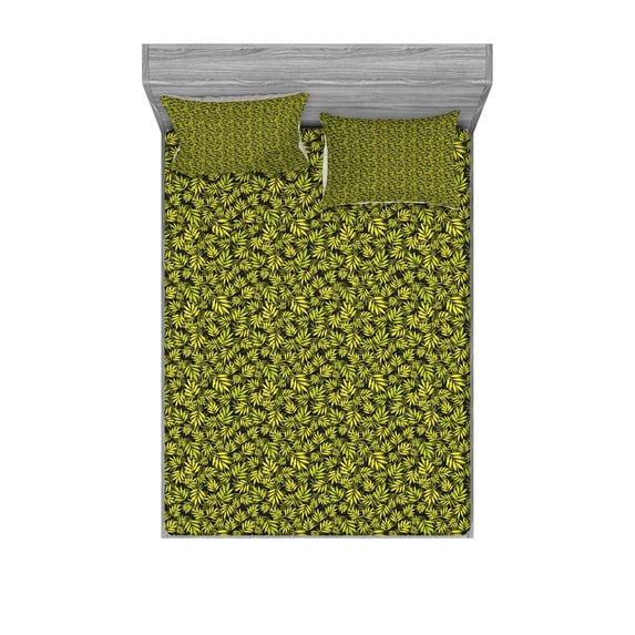 Leaves Bedding Set with Sheet & Covers, Lush Greenery of Tropical Hawaiian Jungles Theme with Summer Leaves, Printed Bedroom Decor 2 Shams, 4 Sizes, Yellow Green and Black, by Ambesonne