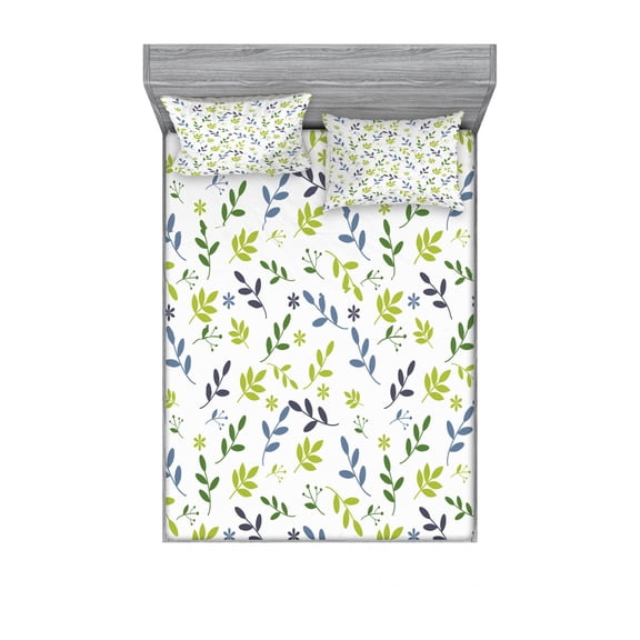 Leaves Bedding Set with Sheet & Covers, Silhouettes Pattern Coming of the Spring Theme Foliage Arrangement Abstract Ornament, Printed Bedroom Decor 2 Shams, 4 Sizes, Multicolor, by Ambesonne