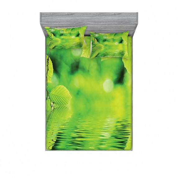 Leaves Bedding Set with Sheet & Covers, Leaves in Water Spa Open Your Chakra with Nature Meditation Ecological Monochrome Photo, Printed Bedroom Decor 2 Shams, 4 Sizes, Green, by Ambesonne