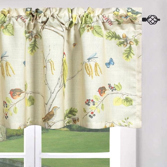 Leaves & Birds Print Curtain Valances for Windows Porch, Rod Pocket Green Spring Style Small Curtains and Drapes for Kids'' Room 18 Inches Long, One Panel