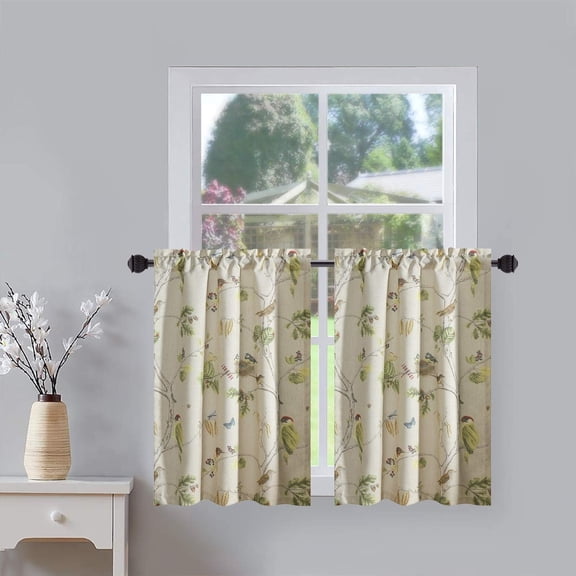 Leaves and Birds Print Kitchen Curtains Tiers for Windows Porch, Thermal Insulated Rod Pocket Green Spring Style Half Window Curtains and Drapes for Kids'' Room, 2 Panels, 30 X 36