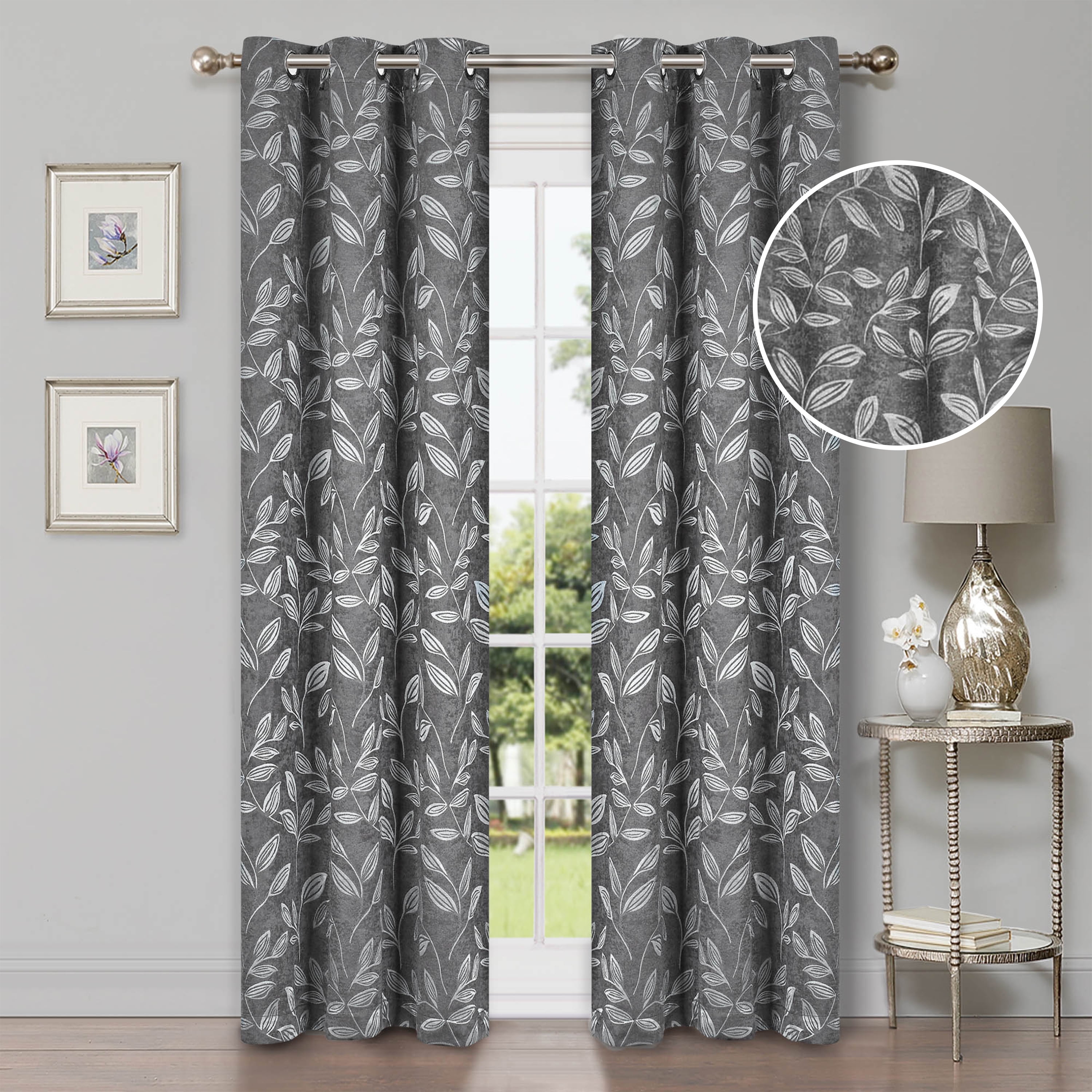 Leaves Blackout Curtain Panels, 42" x 84", Nickel Black by Blue Nile Mills