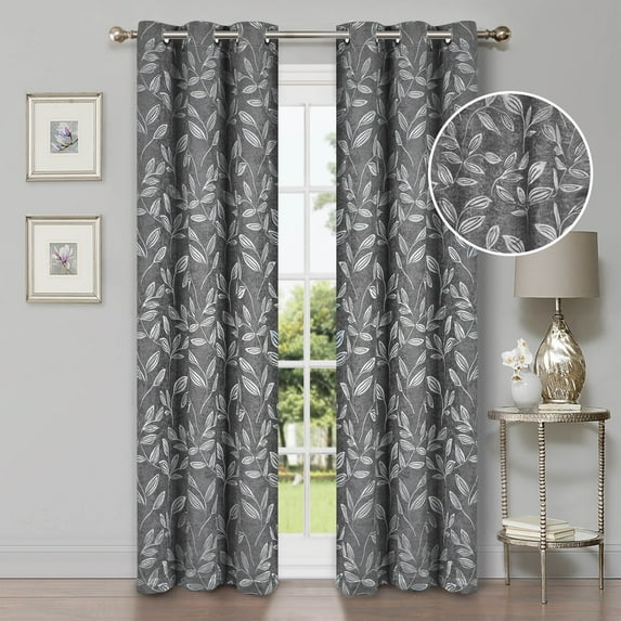 Leaves Blackout Curtain Panels, 42" x 96", Nickel Black by Blue Nile Mills