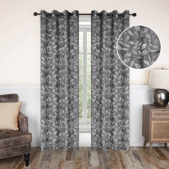 Leaves Blackout Curtain Panels, 52" x 108", Nickel Black by Blue Nile Mills