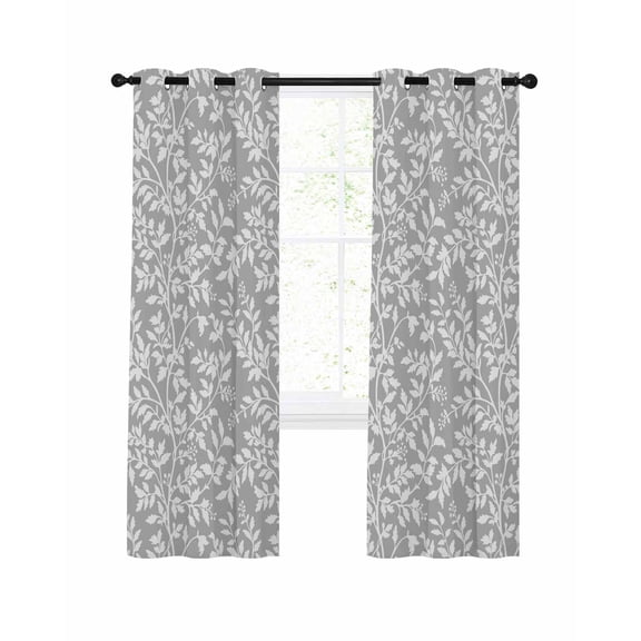 Leaves Blackout Curtains for Bedroom Living Room, White Floral Leaf Branch Plant Grey Background 39 In Long Thermal Insulated Room Darkening Drapes Grommet Window Treatments, 27.5 x 39 In