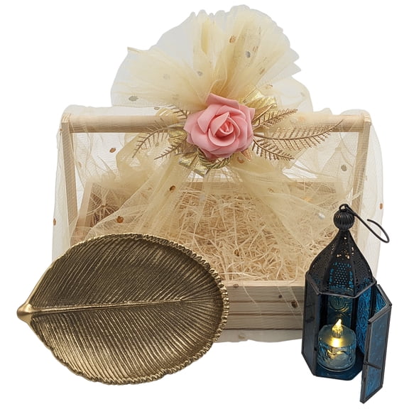 Leaves of Blue Light Gift Basket - Includes Gold Color Metal Leaf Jewelry Tray, Mini Moroccan Lantern with LED Tea Light, and 11¾" x 7¾" Wooden Basket