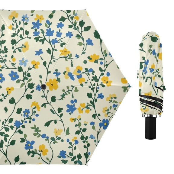 Leaves Blue and Yellow Tiny Flowers All Weather Umbrella Triple Folding Parasol 6 Ribs UV Protection Portable