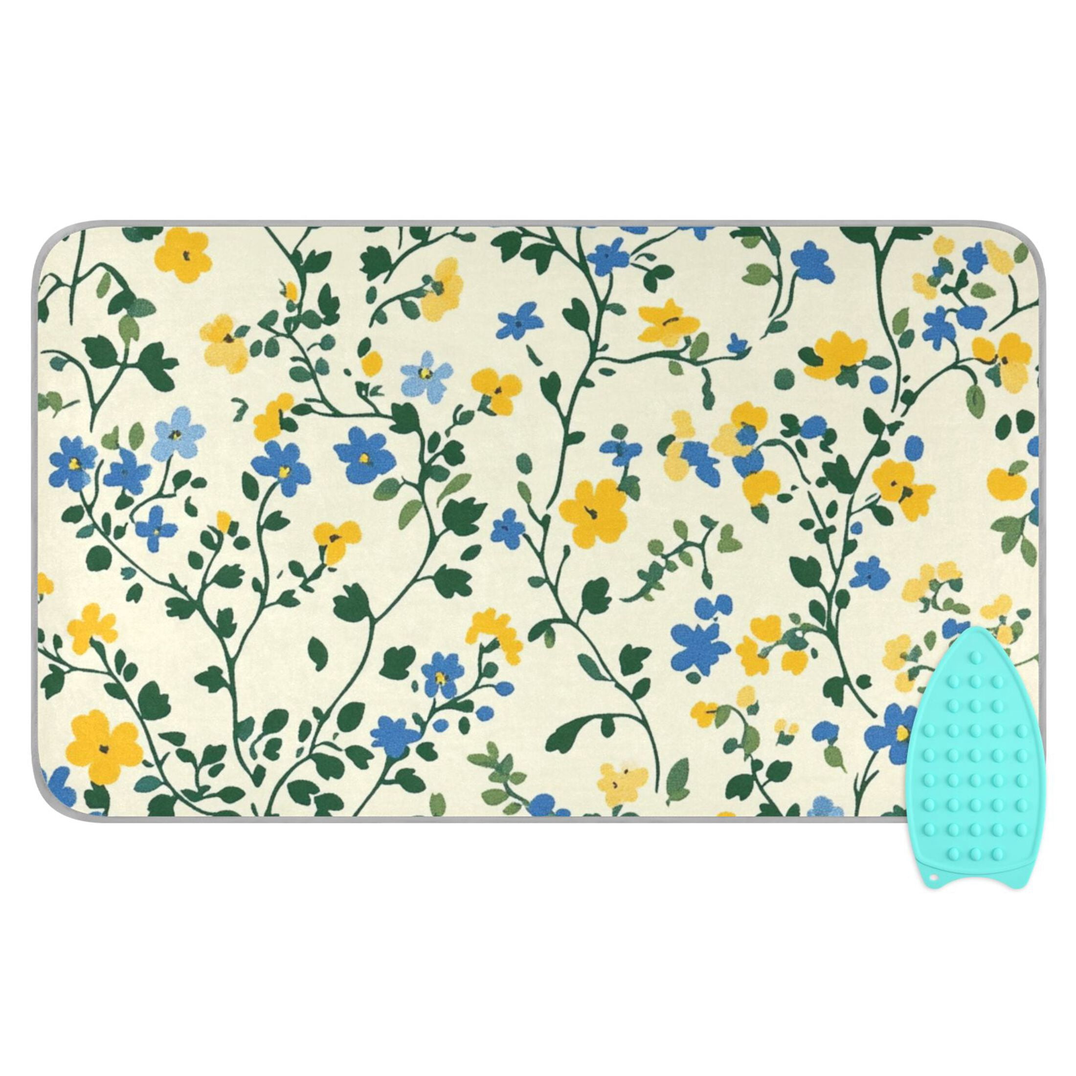 Leaves Blue and Yellow Tiny Flowers Ironing Mat Blanket Portable Travel Ironing Pad Heat Resistant Pad 47.2" x 27.6”