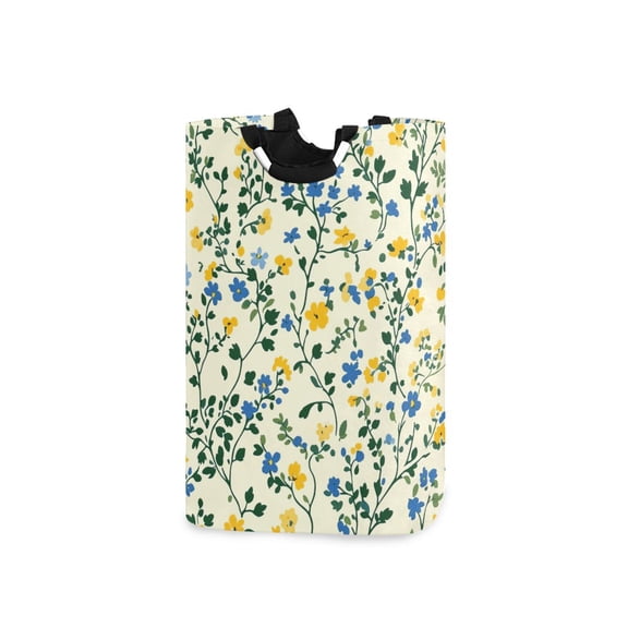 Leaves Blue and Yellow Tiny Flowers Laundry Basket with Handles Foldable Laundry Hamper Freestanding Washing Bin 50L