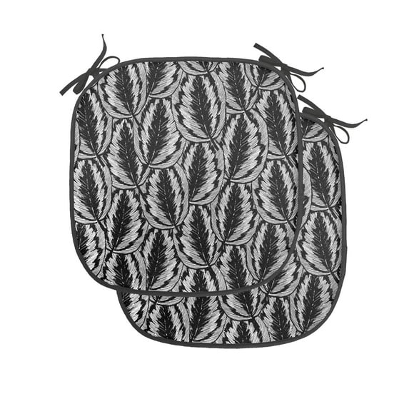 Leaves Chair Seating Cushion Set of 2, Striped and Surreal Monochrome Leafy Pattern Exotic Plants Modern, Seat Pads for Office with Anti-slip Backing, 16"x16", Charcoal Grey and White, by Ambesonne