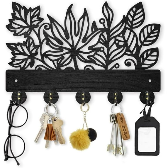 Leaves Coat Rack Wall Mount 11.8×7.9inch Wood Leaves Plants Wall Art Decor Nature Tree Key Holder for Wall 5 Alloy Hooks Black Hook Rack Hat All Hook for Entryway Living Room Bedroom Gift