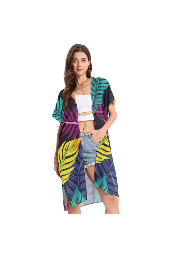 Leaves Colorful Women Swimsuit Cover up V Neck Beach Dress Short Sleeve Vacation Outfits Swimwear