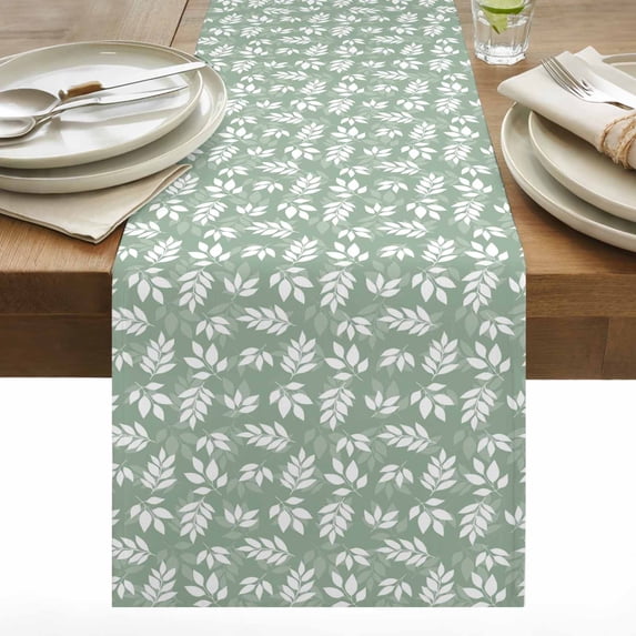 Leaves Cotton Linen Table Runner Abstract Country Spring Green White Leaf Plant Green Dining Table Runners for Home Decor Party Dining Room Restaurant Kitchen 13" x 90"