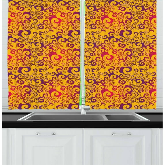 Leaves Curtains 2 Panels Set, Antique Swirled Foliage with Ombre Effect Vintage Curlicues, Window Drapes for Living Room Bedroom, 55W X 39L Inches, Earth Yellow Purple and Magenta, by Ambesonne