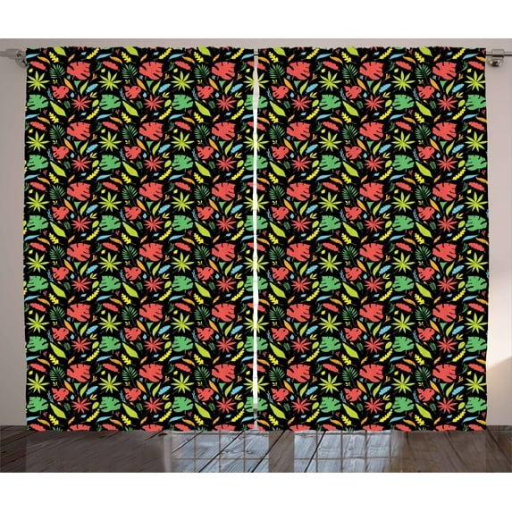 Leaves Curtains 2 Panels Set, Autumn Foliage Pattern with Various Types of Silhouette Leaves on Black Backdrop, Window Drapes for Living Room Bedroom, 108W X 84L Inches, Multicolor, by Ambesonne