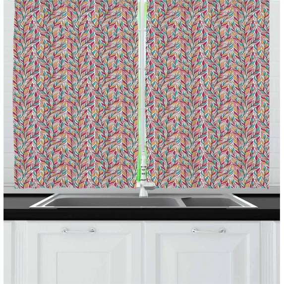 Leaves Curtains 2 Panels Set, Colorful Foliage Design Ornamental Flourishing Branches Summer Season Garden Pattern, Window Drapes for Living Room Bedroom, 55W X 39L Inches, Multicolor, by Ambesonne