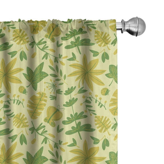 Leaves Curtains 2 Panels Set, Summer Time Botany Leaves Plants and Butterflies, Window Drapes for Living Room Bedroom, 56"W X 63"L, Yellow Fern Green, by Ambesonne