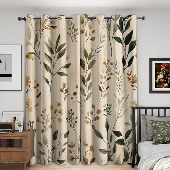 Leaves Curtains - Botanical Blackout Curtains For Bedroom Living Room, Green Leaf Window Curtain, Leaves Home Decor Curtain, Drapes 26"W x 63"L (Pack of 2)