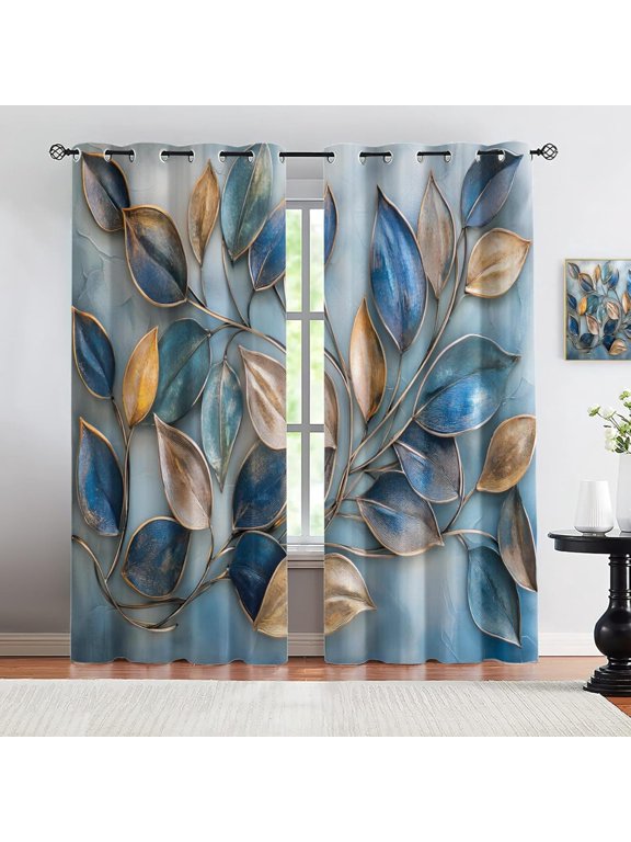 Leaves Curtains & Home Decor, 3D Blue Leaves Curtain For Windows, Drapes For Bedroom, Grommet & 2 Panels, Nordic Luxury Living Room Decor 38"W x 45"L (Pack of 2)