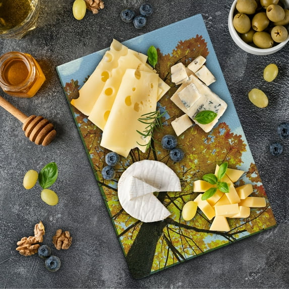 Leaves Cutting Board, Autumn Maple Tree from Bottom to Top View Environment Flora Season November Print, Decorative Tempered Glass Cutting and Serving Board, Small Size, Orange Blue, by Ambesonne