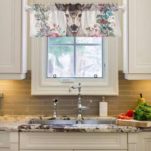 Leaves Deer and Flowers Curtain Valances Farmhouse Design Window Treatment Decor Blackout Rod Pocket for Windows Living Room Kitchen 54" x 18"