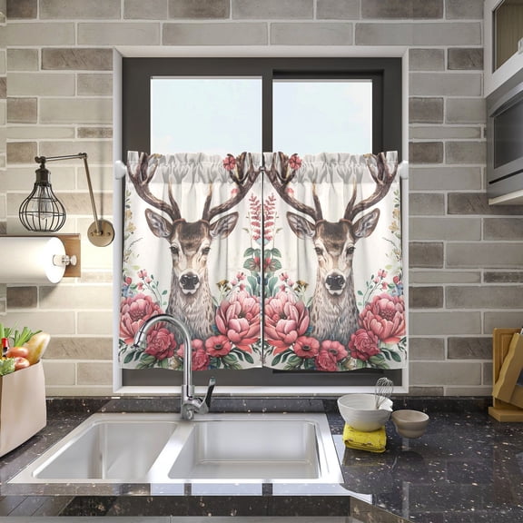 Leaves Deer and Flowers Kitchen Curtains Half Tier Curtain 2 Rod Pockets Bathroom Bedroom Cupborad Living Room 27"x24"