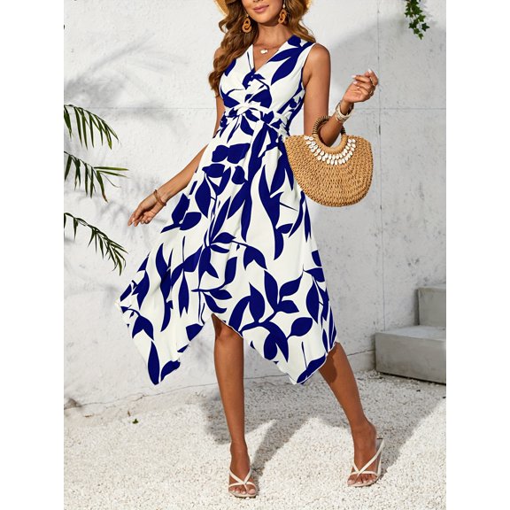Leaves Dress Casual Summer Leaf Print Twisted Irregular Beach Fashion Casual Long Dress Size S