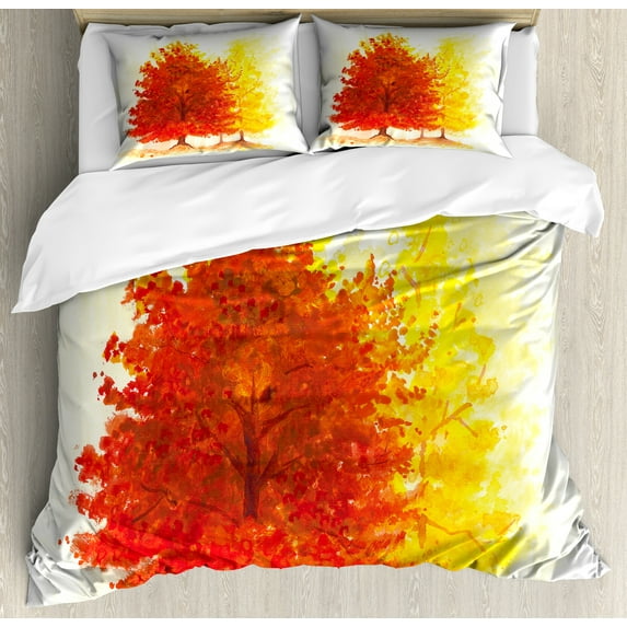 Leaves Duvet Cover Set, 2 Different Fall Tree in Distinctive Color in Watercolors Design Woodland Boho, Decorative 3 Piece Bedding Set with 2 Pillow Shams, Calking Size, Yellow Orange, by Ambesonne