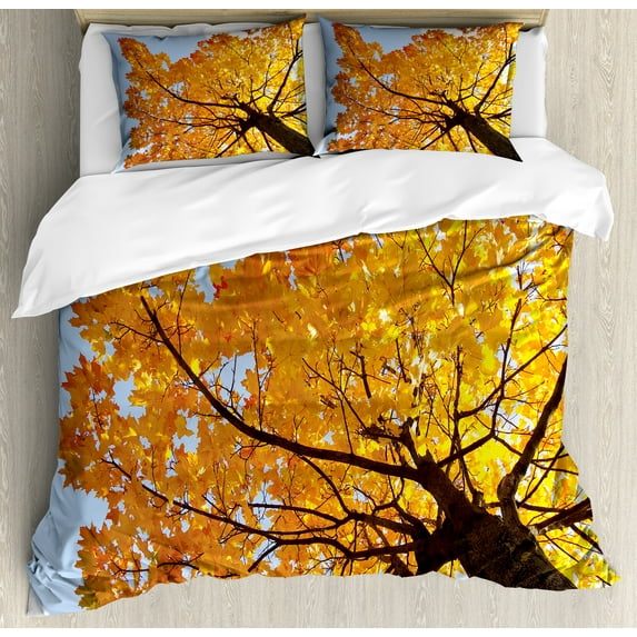 Leaves Duvet Cover Set, Autumn Maple Tree from Bottom to Top View Environment Flora Season November Print, Decorative 3 Piece Bedding Set with 2 Pillow Shams, Calking Size, Orange Blue, by Ambesonne