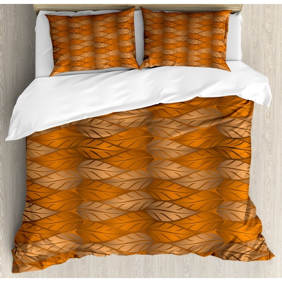 Leaves Duvet Cover Set, Autumn Nature Inspired Pattern with Ornate Fallen Leaves Print, Decorative 3 Piece Bedding Set with 2 Pillow Shams, Queen Size, Pale Caramel Ginger, by Ambesonne