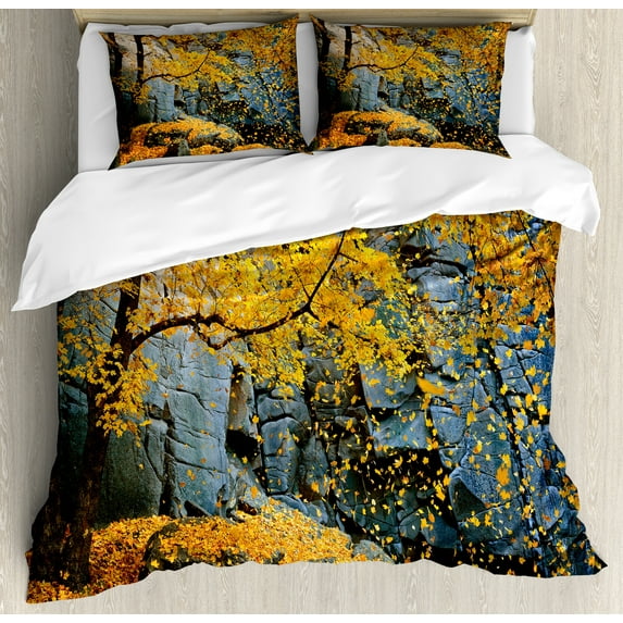 Leaves Duvet Cover Set, Canadian Maple Trees Falling Leaves down Surrounded by Scenic Rocks Stones Foliage, Decorative 3 Piece Bedding Set with 2 Pillow Shams, Queen Size, Grey Orange, by Ambesonne