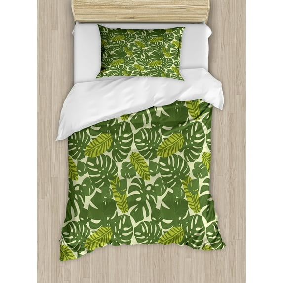 Leaves Duvet Cover Set, Continuous Nature Exotic Forest Monstera Leaf Silhouettes Illustration, Decorative 2 Piece Bedding Set with 1 Pillow Shams, Twin Size, Pastel Green Multicolor, by Ambesonne
