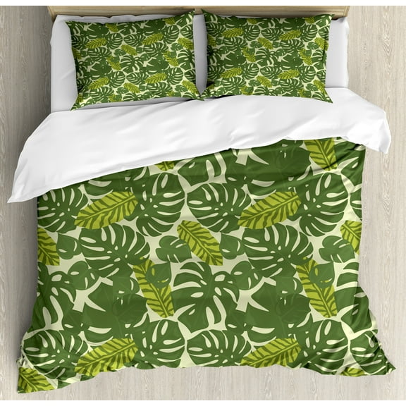 Leaves Duvet Cover Set, Continuous Nature Exotic Forest Monstera Leaf Silhouettes Illustration, Decorative 3 Piece Bedding Set with 2 Pillow Shams, Calking Size, Pastel Green Multicolor, by Ambesonne