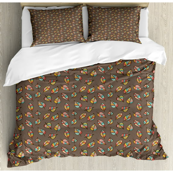 Leaves Duvet Cover Set, Different Shapes and Colorful Stripes Vintage and Floral Feels, Decorative 3 Piece Bedding Set with 2 Pillow Shams, King Size, Taupe and Multicolor, by Ambesonne