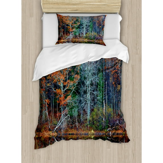 Leaves Duvet Cover Set, Forest with Tree Reflections over the Lake Rural Forest Scenic Nature Concept, Decorative 2 Piece Bedding Set with 1 Pillow Shams, Twin Size, Brown and Red, by Ambesonne