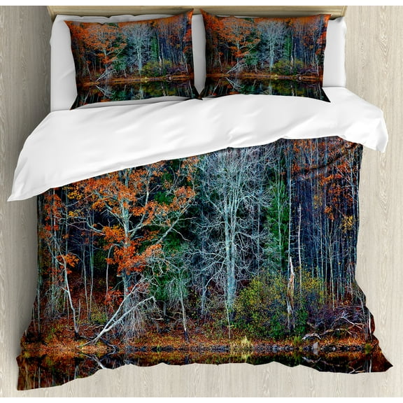 Leaves Duvet Cover Set, Forest with Tree Reflections over the Lake Rural Forest Scenic Nature Concept, Decorative 3 Piece Bedding Set with 2 Pillow Shams, Calking Size, Brown and Red, by Ambesonne