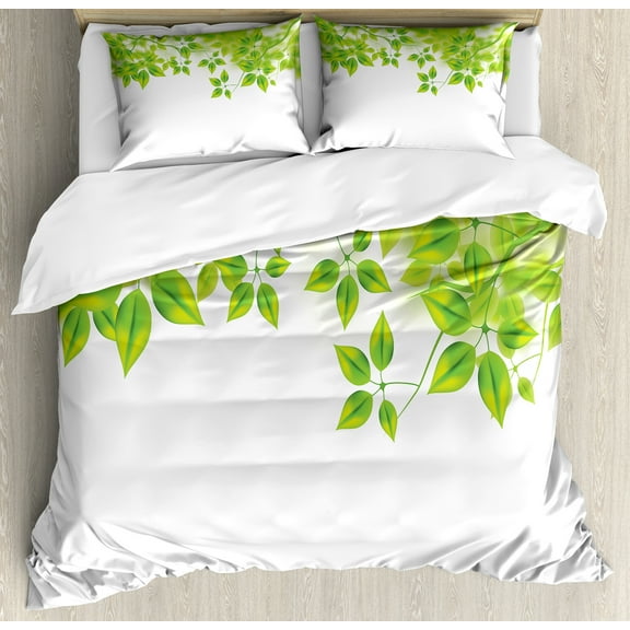 Leaves Duvet Cover Set, Freshening Background Vibrant Leafage in Spring Flourishing Open up Plant Theme, Decorative 3 Piece Bedding Set with 2 Pillow Shams, Calking Size, Green White, by Ambesonne